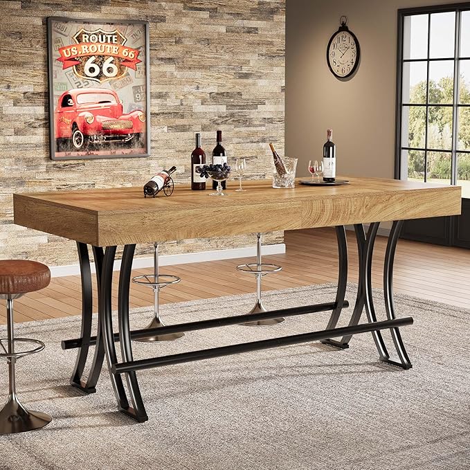 Tribesigns 63" Counter Height Dining Table with Metal Footrest, Rectangular Tall Kitchen Bar Pub Table, Industrial Home Bar Unit for Entertaining, Freestanding, Brown