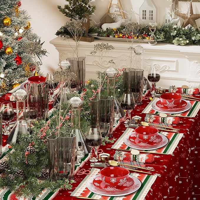 Plates and Bowls, 16 Pcs Christmas Porcelain Dishes Set, Xmas White&Red Snowflake Holiday Dinnerware Sets, Service for 4 for Winter Party Supplies, Microwave and Dishwasher Safe