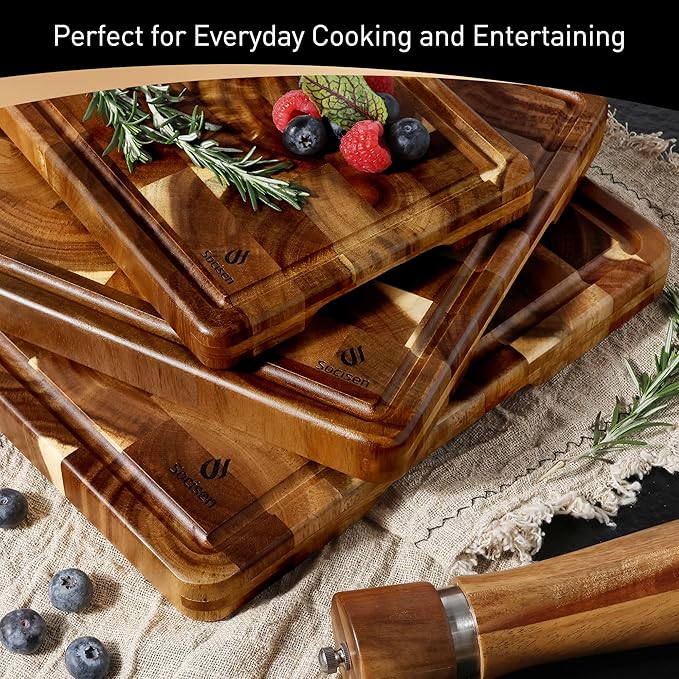 End Grain Cutting Board Set of 3 with Non-slip Feet, Reversible Acacia Wood Cutting Boards for Kitchen with Juice Grooves and Handles Non Toxic Chopping Board Butcher Block Serving Tray Kitchen Sets