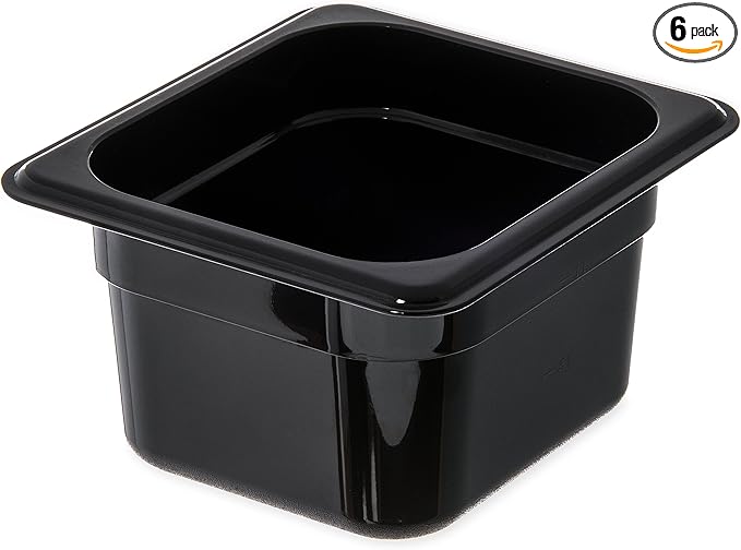 Carlisle FoodService Products Storplus 1/6-Size Plastic Food Pan, Food Storage Container, for Catering, Buffets, Restaurants, Polycarbonate, 1/6 Size, 4 Inches Deep, Black, (Pack of 6)