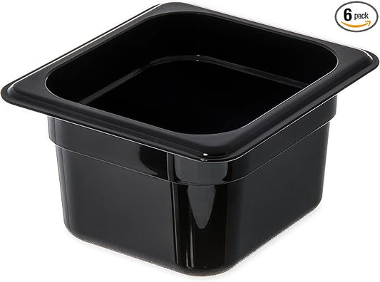 Carlisle FoodService Products Storplus 1/6-Size Plastic Food Pan, Food Storage Container, for Catering, Buffets, Restaurants, Polycarbonate, 1/6 Size, 4 Inches Deep, Black, (Pack of 6)