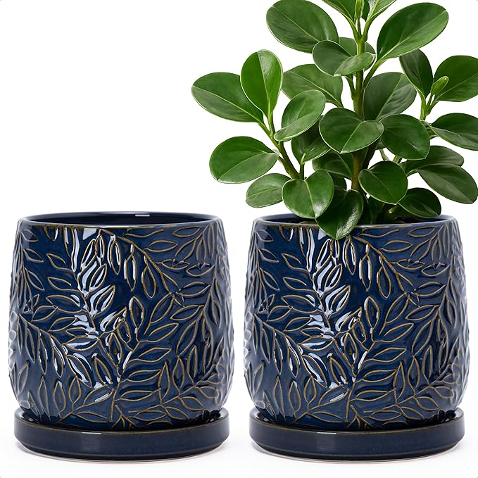D'vine Dev 6 Inch Embossed Leaves Stoneware Planter Pot with Drainage Hole and Saucer, Midnight Blue, Set of 2, 27-F-X-3