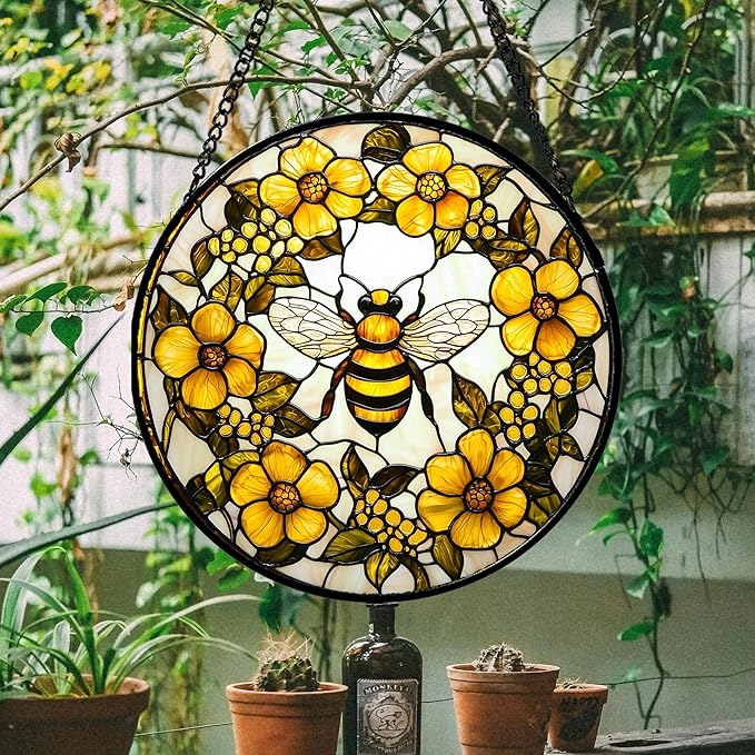 Stained Glass Window Hanging - Yellow Flowers Surrounded by Bees Sun Catcher for Door Garden Home Decor Cute Suncatcher Christmas Mother's Day Birthday Gifts for Women Men Mom Nana 9.8 in