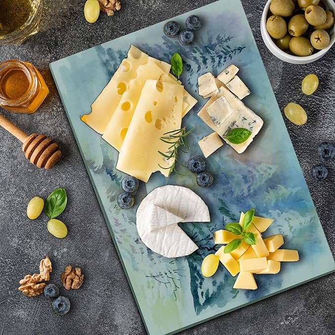 Ambesonne Winter Cutting Board, Watercolor Painting Interpretation of a Snowy Scene and Blurred Pattern, Decorative Tempered Glass Cutting and Serving Board, Large Size, Soft Blue