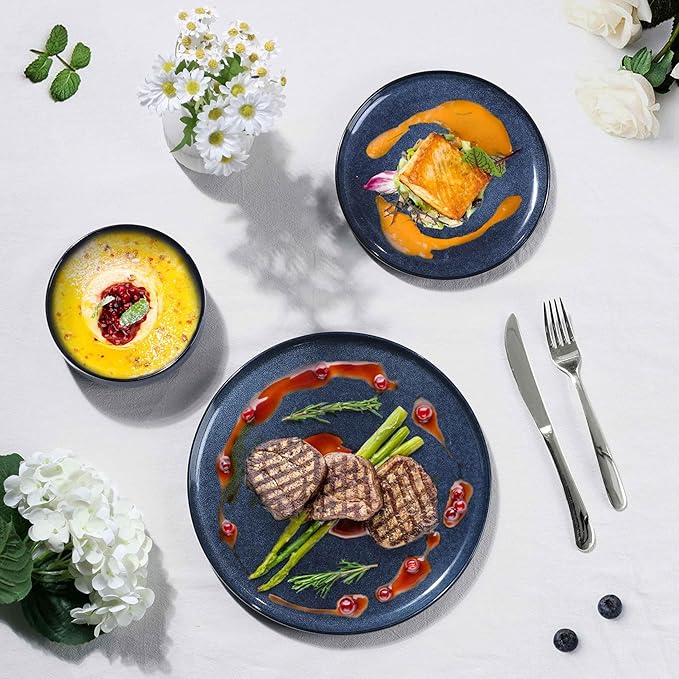 Herogo 24 Pieces Stoneware Dinnerware Sets Service for 8, Dinner Plates and Bowls Sets, Double Reactive Glaze Dishes Set for Kitchen, Scratch Resistant, Microwave & Dishwasher Safe, Starry Blue
