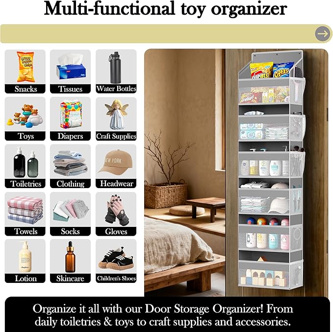 PAULONE 1 Pack Heavy Duty Over the Door Organizer, 6 Large + 12 Mesh Pockets with 89 lbs Capacity, Space-Saving Hanging Storage for Shoes, Toys, Bedroom & Closet-Light Gray