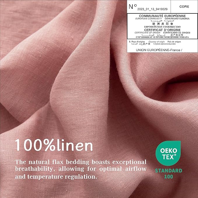 EVERLY 100% Pure Linen Duvet Cover Set King Size 104X90Inch 3pcs (1 Duvet Cover,2 Pillowcases) Soft and Breathable for All Season with Coconut Button Closure, Suitable for Hot Sleepers-Pink-King