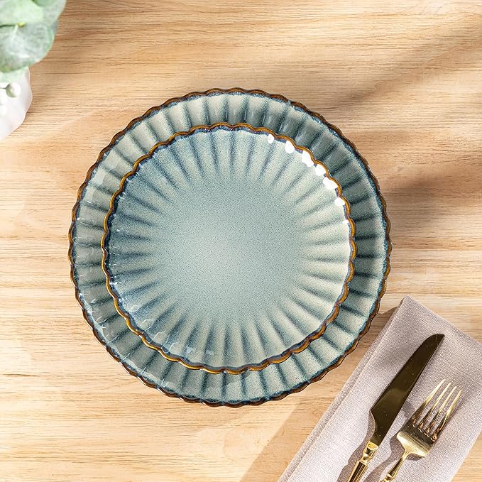 GBHOME Stoneware Dinnerware Sets for 4,Handcrafted Embossed Design Reactive Glaze Ceramic Plates and Bowls, Dishwasher and Microwave Safe, Service for 4(12pcs) (Space Blue, Service for 4)