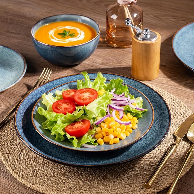 AmorArc Ceramic Dinnerware Sets for 8, 24 Pieces Handpainted Plates and Bowls Set, Scratch Resistant Stoneware Dishes Set, Dishwasher & Microwave Safe, Ceylon Blue