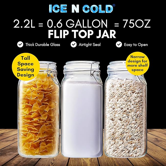 Airtight Glass Storage Jars with Clamp Lid – Food Storage Containers with Rubber Gasket Seal – Pantry & Kitchen Canisters for Dry Goods, Coffee, Sugar, Pasta – 0.4L to 2.2L Sizes (6, 75oz | 2.2L)