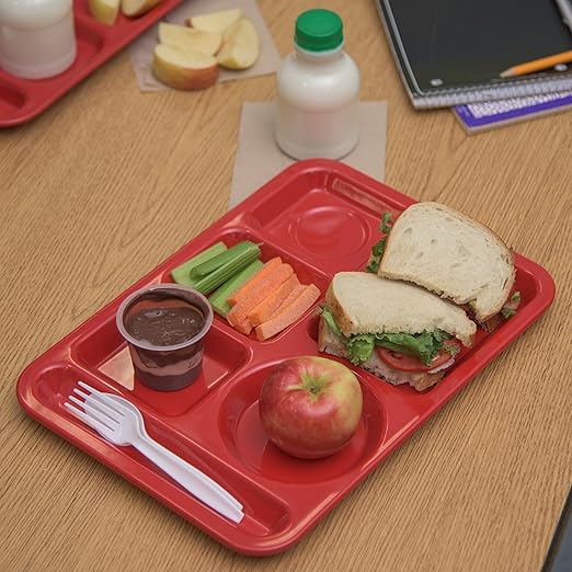 Carlisle FoodService Products Plastic Meal Tray Left-Handed Heavyweight Lunch Tray with 6-Compartments for Schools, Cafeterias, and Dining Halls, Melamine, 14 x 10 Inches, Red, (Pack of 12)