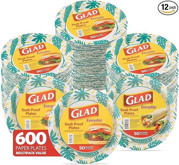 Glad Round Disposable Paper Plates, Palm Leaves Pattern - Strong, Sturdy, Soak Proof, and Microwavable Decorative Plates for Dinner and Everyday Use, 10 Inch, 50 Count - 12 Pack