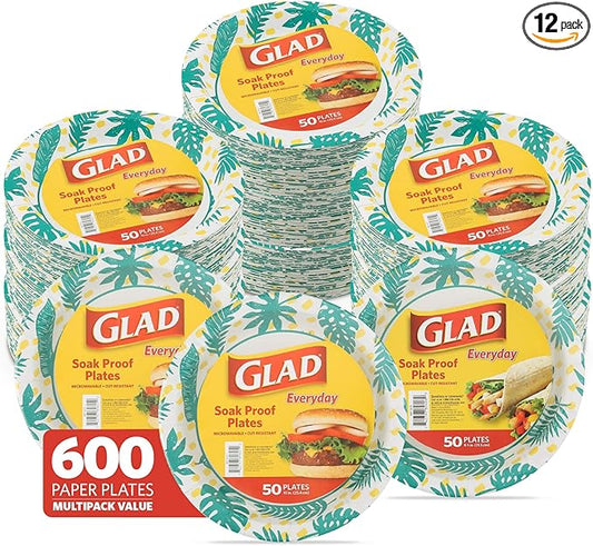 Glad Round Disposable Paper Plates, Palm Leaves Pattern - Strong, Sturdy, Soak Proof, and Microwavable Decorative Plates for Dinner and Everyday Use, 10 Inch, 50 Count - 12 Pack