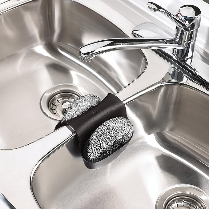 Umbra Saddle Sink Caddy – Flexible Rubber Organizer for Double Kitchen Sink, Storage for Dish Sponge, Scouring Pads and More, Black (330210-040)