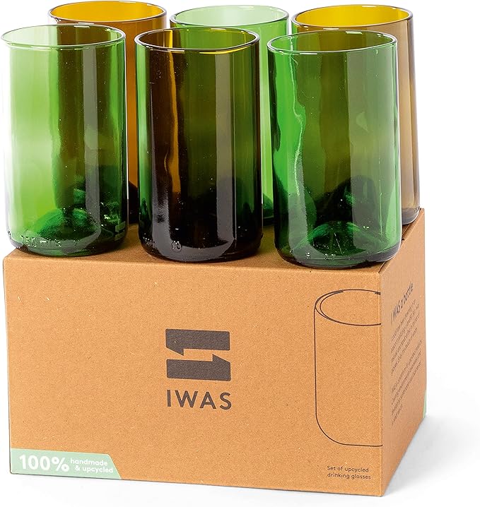 IWAS Upcycled Tall Drinking Glasses | 400 ML | 13.53 OZ | Set of 6 | Sustainable Water and Cocktail Glasses For Home | Environmentally Friendly Olive Green Glasses