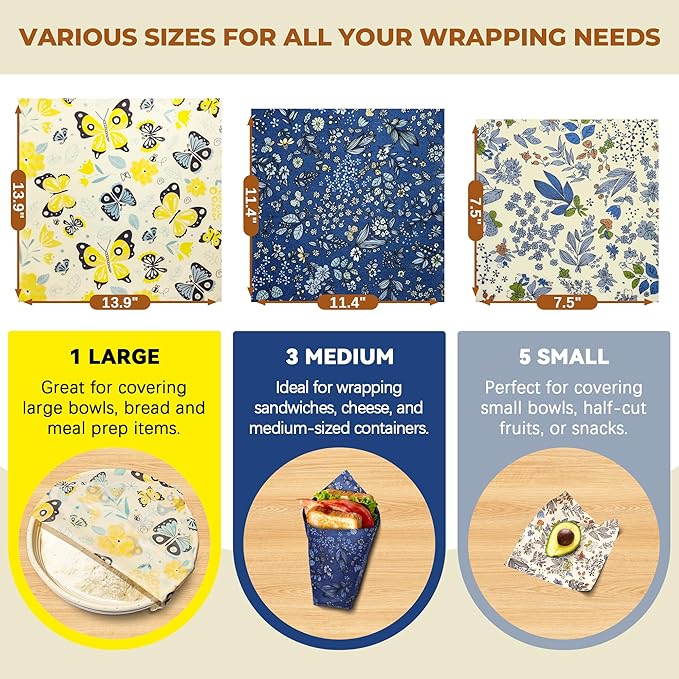 OHIYO Reusable Beeswax Wrap for Food, 9 Pack Organic Cotton Beeswax Papers (1XL + 3M + 5S), Bread Sandwich Wrapper, Suitable for Bowls, Fruits, Cheese, Hamburgers