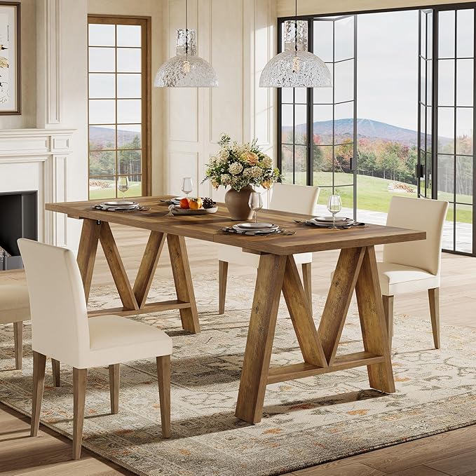 Tribesigns 63-Inch Dining Table for 4-6, Farmhouse Wooden Kitchen Table with Sturdy Legs, Rustic Rectangular Wooden Dinner Table for Home Dining Room (Rustic Brown)