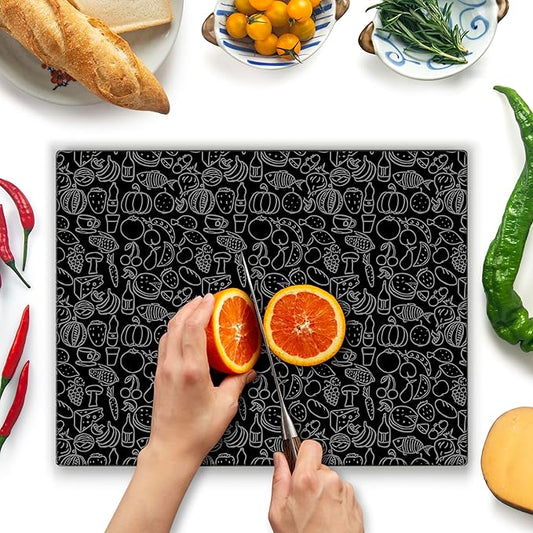 Glass Cutting Board 16"x12": Tempered Glass Kitchen Counter Protector - Durable- Scratch-Resistant, Heat-Proof - Design 4 - Black Design