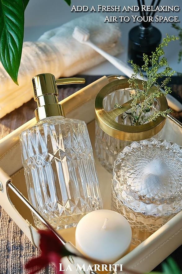 Glass Bathroom Accessories Set, 5pcs Crystal Clear Bathroom Accessories, Toothbrush Holder Set, Soap Dispenser, Soap Dish, Tumbler, Qtips Holder for Vintage Bathroom Decor, Christmas Decor