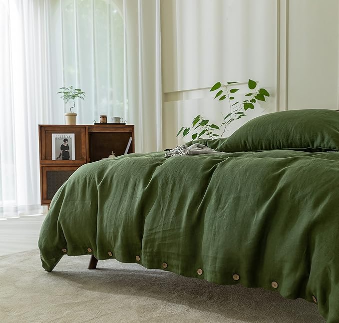 EVERLY 100% Pure Linen Duvet Cover Set Queen Size90X90Inch 3pcs (1 Duvet Cover,2 Pillowcases) Soft and Breathable for All Season with Coconut Button Closure, Suitable for Hot Sleepers-Mossy Green