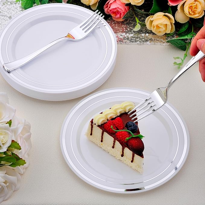 120pcs Silver Dessert Plates with Forks for 60 Guests-60pcs 7.5" Disposable Silver and White Small Plates with 60pcs 7.4" Forks-Cake/Appetizer/Salad Plate for Wedding,Birthday,Party