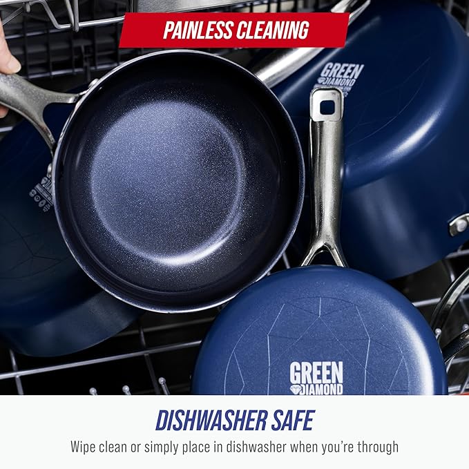 Blue Diamond 14" Nonstick Frying Pan, PFAS Free Ceramic Family Pan, Jumbo Pan with Helper Handle, Diamond Infused Nonstick Skillet, Dishwasher & Oven Safe, Durable, Non Toxic, Metal Utensil Safe, Blue