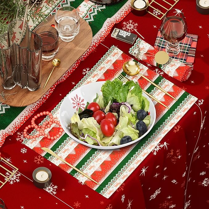4 Pcs Christmas Pasta Bowls, 26 Oz Ceramic Bowl Set, Wide and Shallow Serving Bowls, White Red Snowflake Xmas Holiday Soup Bowls for Salad, Dessert, Pasta, Ice Cream, Dishwasher and Microwave Safe