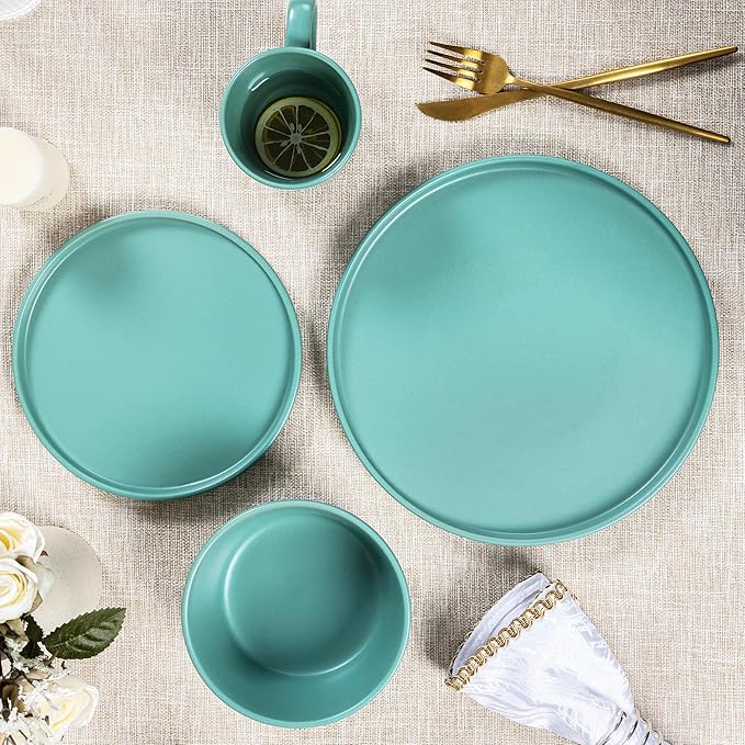 Plates and Bowls Sets for 4 - CJDC-QUELO 16 Piece Stoneware Dinnerware Sets with Mugs, Ceramic Dishware Sets for Kitchen Dining Use, Chip and Scratch Resistant Microwave Dishwasher Safe, Green