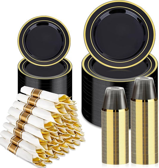 BESTVIP 350PCS Black Gold Dinnerware Set for 50 Guests, Plastic Plates for Halloween Party and Christmas, 50 Disposable Plates, 50 Dessert Plates, 50 Cups, 50 Spoons, 50 Forks and 100 Knives
