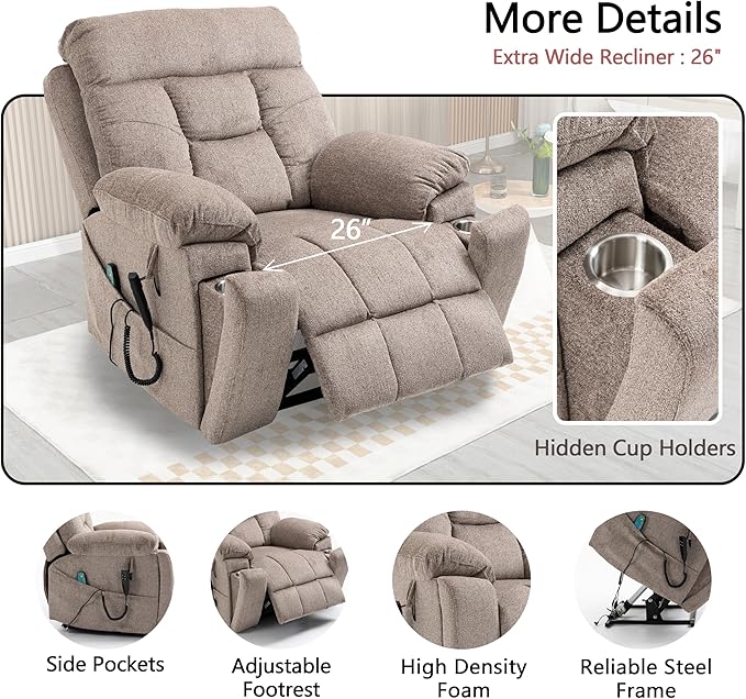 Dual Motor Power Lift Recliner Chair with Massage Heating for Adults Elderly, Electric Lift Chairs Lay Flat Recliners, Infinite Position, 2 Hidden Cup Holders
