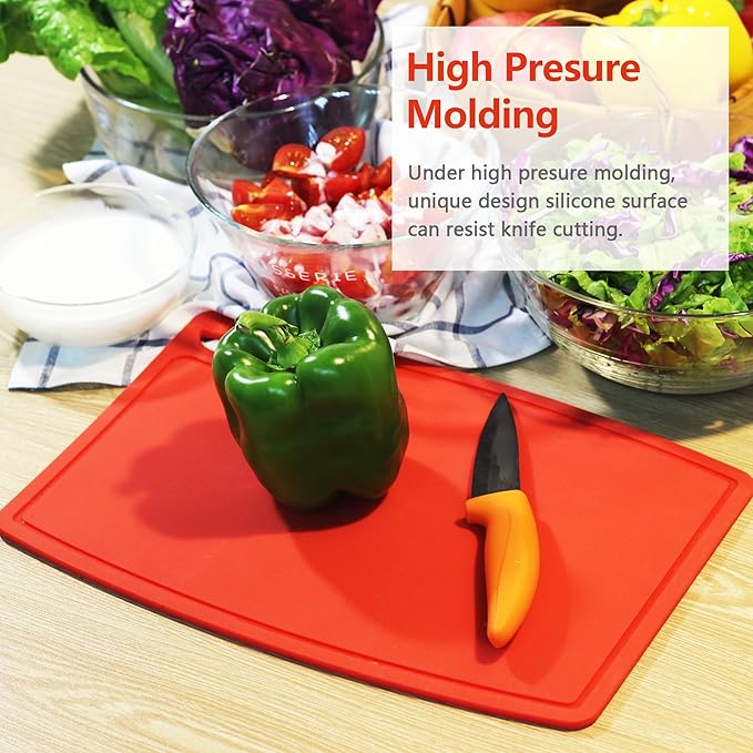 Liflicon Thick Silicone Cutting Boards for Kitchen Silicone Chopping Boards/Mats Set of 2 Extra Large14.6''x10.43'', Mini 9.1”x7.1” Non-slip Deep Drip Juice Groove, Dishwasher Safe-Red
