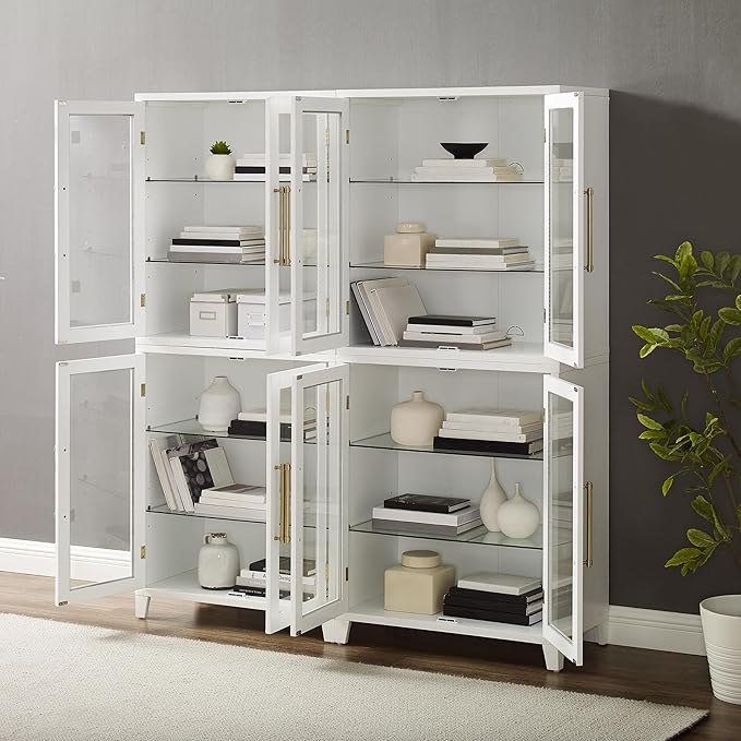 Crosley Furniture Roarke 2-Piece Glass Door Kitchen Pantry Storage Cabinet Set, Living Room, Entryway, White