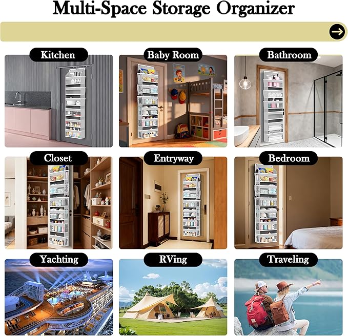 PAULONE 1 Pack Heavy Duty Over the Door Organizer, 6 Large + 12 Mesh Pockets with 89 lbs Capacity, Space-Saving Hanging Storage for Shoes, Toys, Bedroom & Closet-Light Gray
