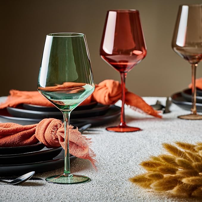 Colored Cordial Glasses Set of 6, 18oz Crystal Unique Fall Drinking Wine Glass Cups with Stem - Luxury Multi Color Glassware Gift Set for Wife & Mom - Colorful Hand Blown Drinkware for Red White Wine.