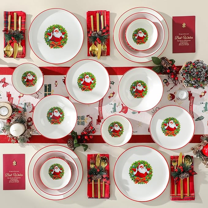 MALACASA Plates and Bowls Sets, 24 Pieces Christmas Porcelain Dinnerware Set for 6, Ceramic Dishware Dishes White Kitchen Dinner Dining Ware Set, Microwave and Dishwasher Safe, Series LUNA-Santa Claus