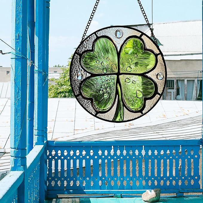 Stained Glass Window Hanging - St. Patrick's Day Green Irish Themed Gifts Sun Catcher Door Home Clover Decor Suncatcher Christmas Mother's Day Birthday Gifts for Women Men Mom Nana 6.3 in