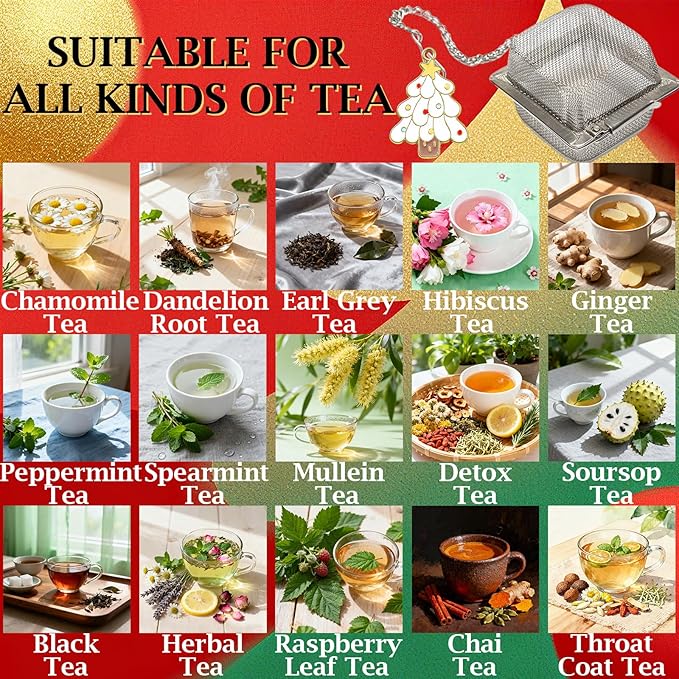 Christmas Themed Tea Infuser Set, 2 PCS Cubic Tea Strainers for Loose Leaf Tea, Reusable Stainless Steel Mesh Tea Ball, Tea Steeper with Christmas Tree and Love House Pendant