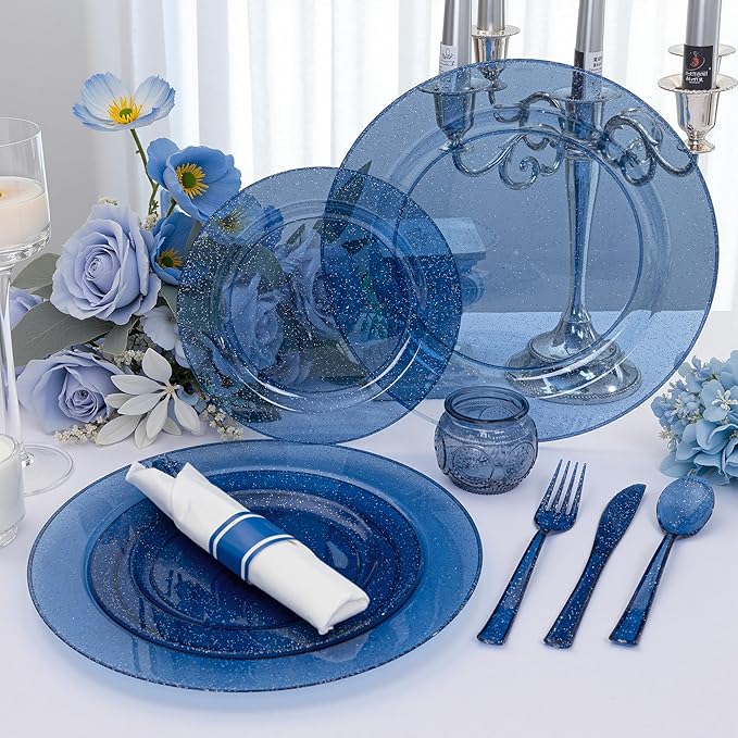 DaYammi 210PCS Cobalt Blue Glitter Plastic Dinnerware Set for 30 Guests, Fancy Disposable Plates for Party, Include: 30 Dinner Plates, 30 Dessert Plates, 30 Pre Rolled Napkins with Silverware, 30 Cups