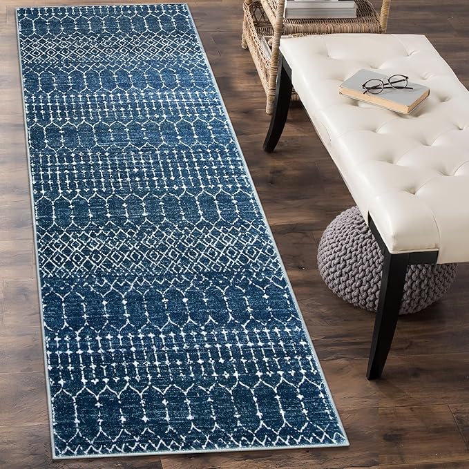 Lahome Moroccan Washable Kitchen Runner - 2x8 Carpet Runners for Hallway 8Ft Low-Profile Non-Slip, Indoor Geometric Print Distressed Rug for Entryway Laundry Room Foyer, (Blue,2'x8')