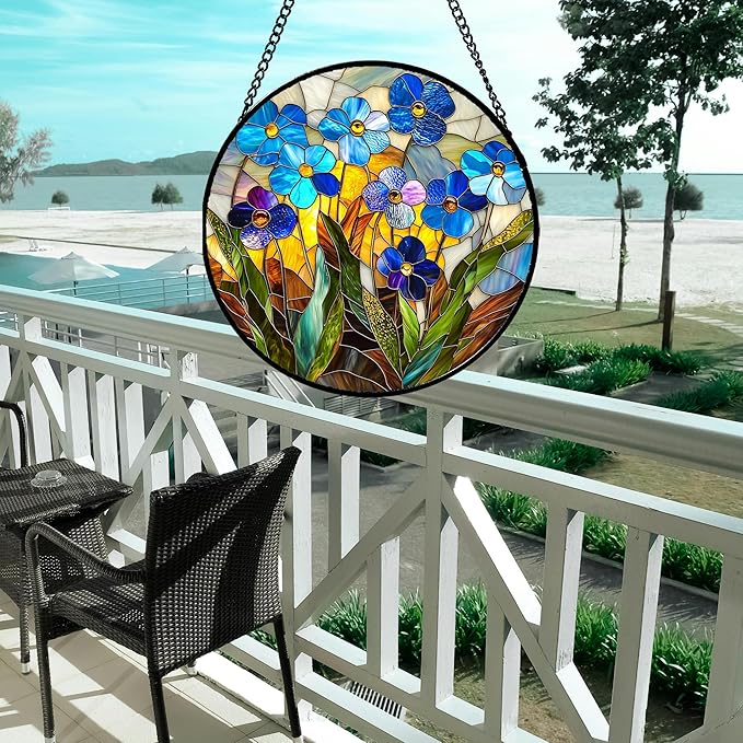 Stained Glass Window Hanging - Blue Wildflower Plant Flowers Sun Catcher for Door Garden Home Decor Suncatcher Christmas Mother's Day Birthday Gifts for Women Men Mom Nana 15 in