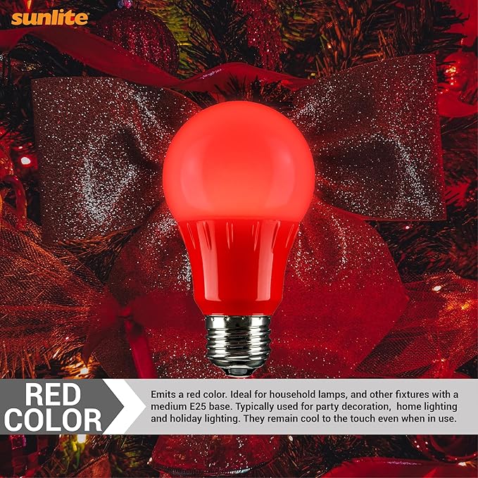 Sunlite 80148 LED A19 Colored Light Bulb, 3 Watts (25w Equivalent), E26 Medium Base, Non-Dimmable, UL Listed, Party Decoration, Holiday Lighting, 1 Count, Red
