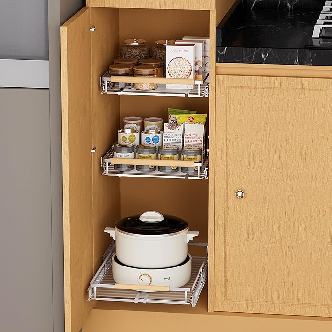 SANNO Pull Out Cabinet Organizer with Expandable Sliding Shelves for Cupboard Pantry, Steel Metal Sliding Shelf, Chrome Finish
