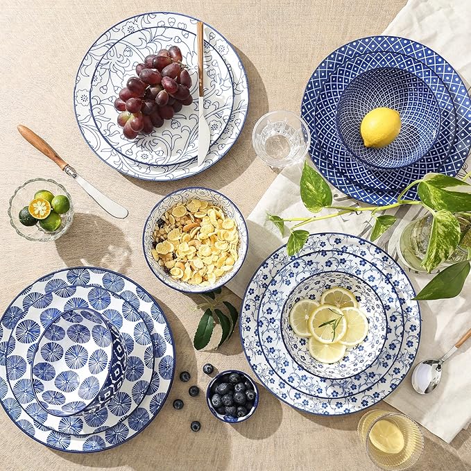 Selamica Ceramic Dinnerware Sets, 12-Pieces Plates and Bowls Sets, Scratch Resistant Dishes set for 4, Dishwasher & Microwave Safe,Vintage Blue