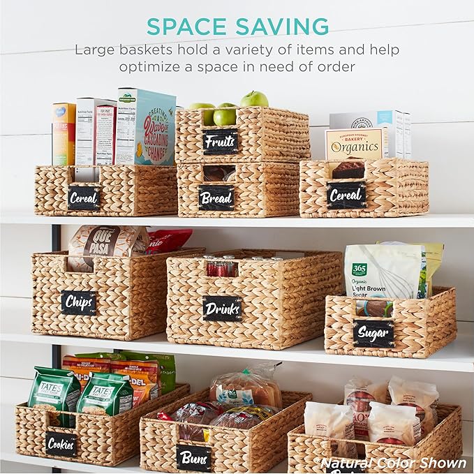 Best Choice Products Set of 4 16x12in Large Water Hyacinth Pantry Baskets, Woven Organizers w/Chalkboard Label, Chalk Marker - Gray