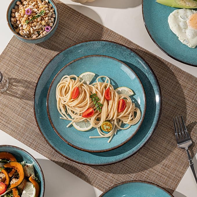 16 Piece Dinnerware Sets for 4， Scratch Resistant,microwave oven and Dishwasher Safe Plates and Bowls Sets Ceramic, Dish Set, Bowl and Plate Set -Kiln turned sea blue