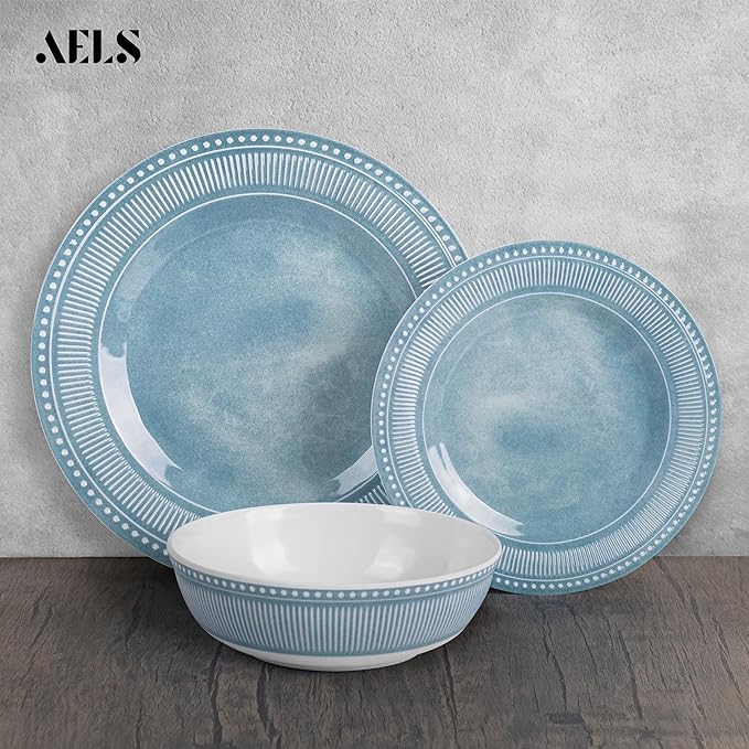 AELS Melamine Dinnerware Set of 18 Pcs, Dinner Dishes Set for Indoor and Outdoor Use, Melamine Plates and Bowls Set for 6, Dishwasher Safe, Lightweight Unbreakable, BPA Free, Blue