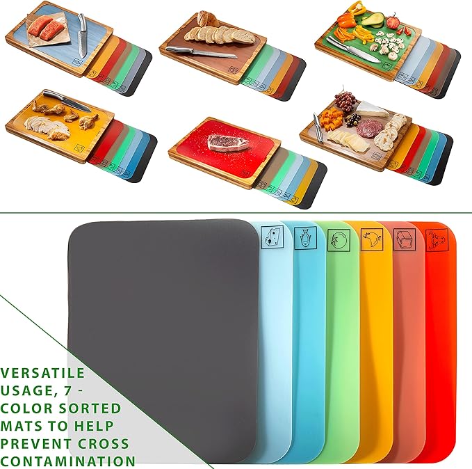 Seville Classics Bamboo Premium Wood Cutting Board Serving Tray w/ 7 Color-Coded BPA-Free Mats, for Chopping Bread, Cheese, Fruits, Vegetables, Meats, Charcuterie (PATENTED), Bamboo (NEW MODEL)