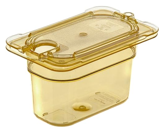 Carlisle FoodService Products StorPlus High-Heat 1/9-Size Food Pan, 4 Deep Food Storage Container with 1 Quart Capacity, High Heat Plastic, 1/9 Size, Amber, (Pack of 6)