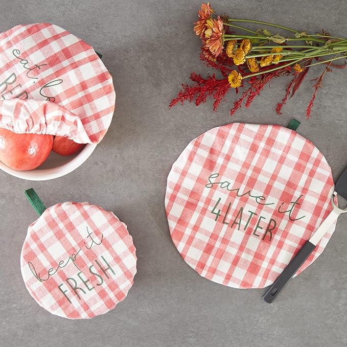 DII Reusable Cloth Bowl Cover Collection Machine Washable, Cotton with Elastic Stretch for Food Storage, 10.25"/8.25"/7.5" Diameter, Plaid Coral, 3 Piece