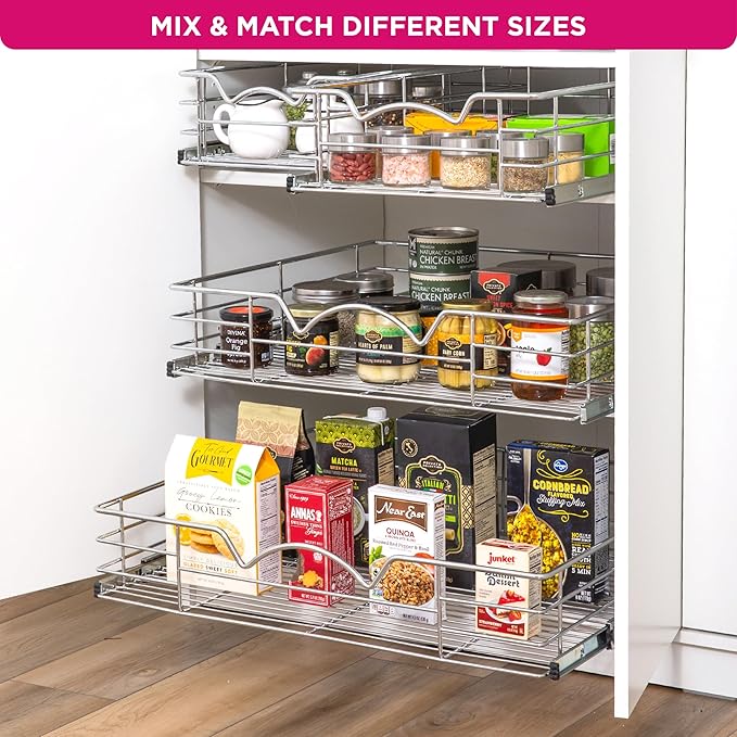 HOLDN’ STORAGE Heavy-Duty Premium Collection Pull Out Cabinet Organizer, Cabinet Drawer Slide Outs, Lifetime Limited Warranty - Basket Size 14" W x 21" D x 5" H, Anti-Rust Chrome Finish